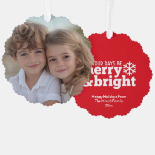 Merry & Bright Simple Red White - Christmas Photo Tree Decoration Card
