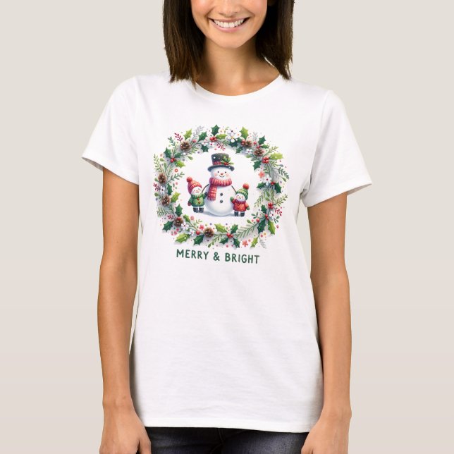 "Merry & Bright" Snowmanand kids T-Shirt (Front)