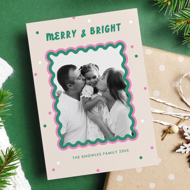 Merry & Bright Squiggle Frame Pink + Green  Holiday Card (cute holiday card in pink and green with squiggle frame and merry and bright text.)