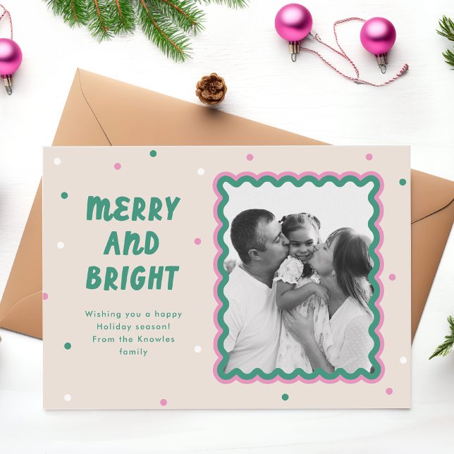 Merry & Bright Squiggle Frame Pink + Green  Holiday Card (cute squiggle frame holiday photo card with merry and bright text in a fun font)
