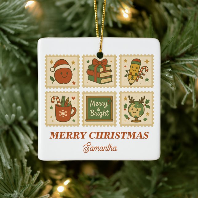 Merry & Bright Teacher Christmas Collage Ceramic Ornament (Tree)