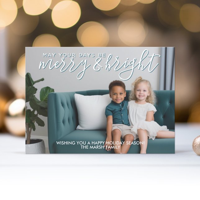 Merry & Bright Teal Calligraphy - Christmas Photo Holiday Card (Modern Christmas Card with Bounce Calligraphy and a Blue background - download option available)