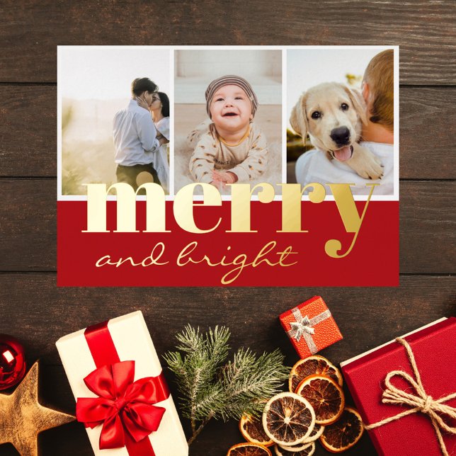 Merry Bright Three Photo Red White Christmas (merry and bright elegant modern script wine red real gold foil 3 photo collage christmas card)