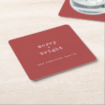 Merry   Bright Typewriter Text Christmas Party Square Paper Coaster<br><div class="desc">Minimalist merry   bright christmas paper coasters.  These christmas paper coasters feature a rustic red background with white typewriter text.  All text can be customised and replaced with any text of your choice.</div>