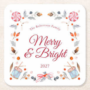 Merry & Bright Vintage Christmas Holiday Square Paper Coaster