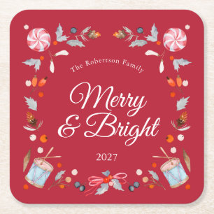 Merry & Bright Vintage Christmas Holiday Square Paper Coaster