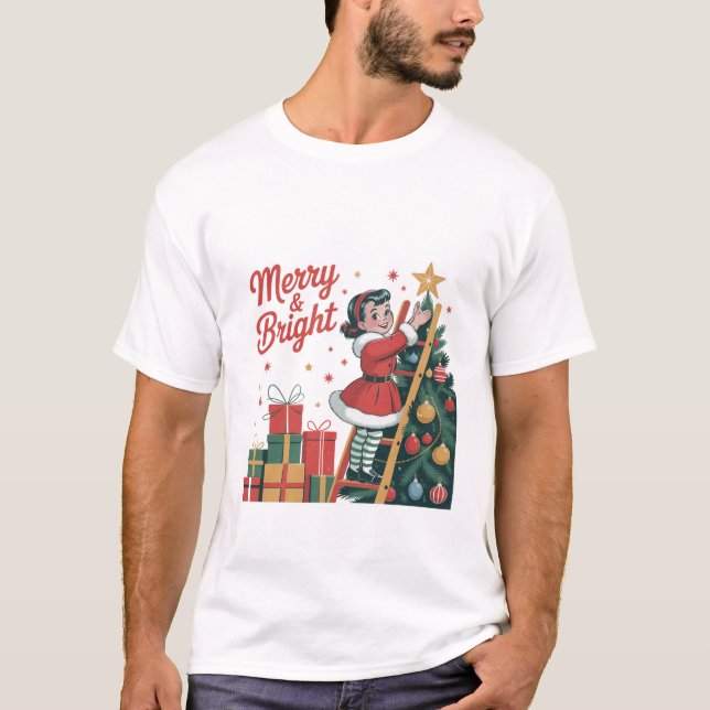 Merry & Bright Vintage Holiday Retro Christmas T-Shirt (Front)