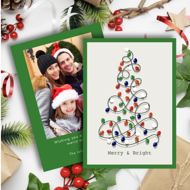 Merry & Bright Vintage Lights Green Photo Holiday Card (Creator Uploaded)