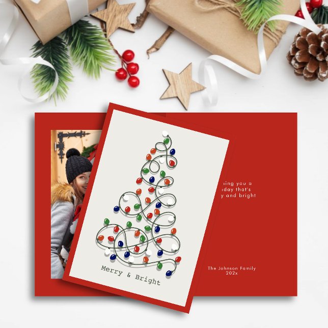 Merry & Bright Vintage Lights Red Photo Holiday Card (Creator Uploaded)