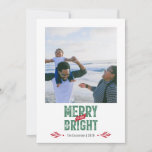 Merry & Bright vintage rustic 2 photo Holiday Card<br><div class="desc">This design features the text Merry & Bright in a distressed vintage typography giving it a rustic look! Customise the text at the bottom of the card and the photos on the front and back of the design. The background colour and text colours can be modified by customising further or...</div>