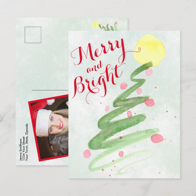 Merry & Bright Watercolor Christmas Tree Photo Holiday Postcard (Front/Back)