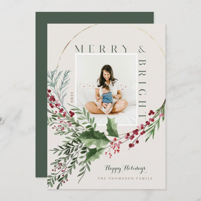 Merry & Bright Watercolor Greenery Wreath Photo Holiday Card (Front/Back)