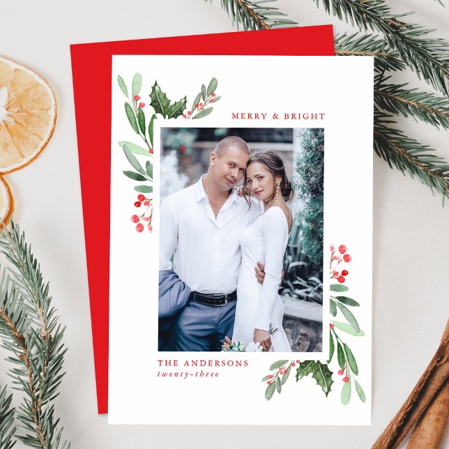 Merry & Bright Watercolor Holly Berries Photo Holiday Card (Creator Uploaded)