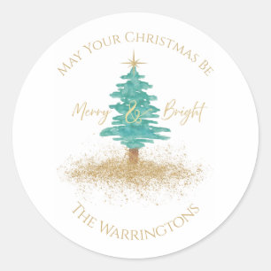 "Merry & Bright" Watercolor Tree Custom Name Classic Round Sticker