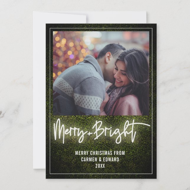 Merry + Bright White Neon Boxwood Christmas Photo Holiday Card (Front)