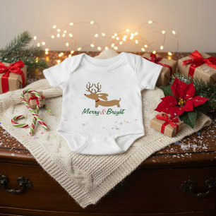 Merry & Bright Wiener Dog Christmas Outfit Baby Bodysuit