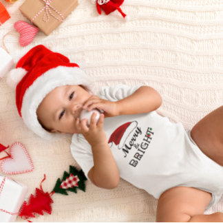Merry & Bright with Santa Hat Christmas Baby Bodysuit