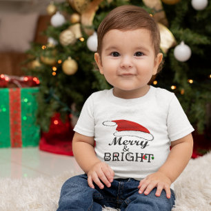 Merry & Bright with Santa Hat Christmas Baby T-Shirt