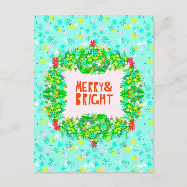 Merry & Bright Wreath Holiday Postcard (Front)