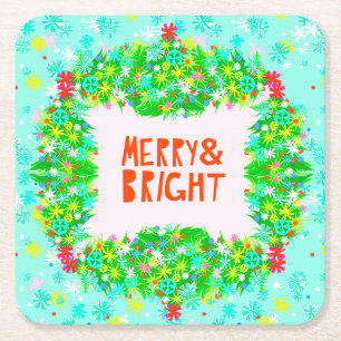 Merry & Bright Wreath Square Paper Coaster