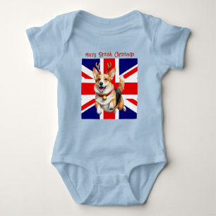 Merry British Christmas Corgi Reindeer Antlers Baby Bodysuit