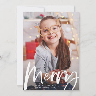 Merry brush script one photo Christmas Holiday Card