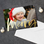 Merry brush script photo Christmas<br><div class="desc">A bold, foil "merry" in a modern brush script sits at the base of a horizontal photo on this festive Christmas card. With a bright red backer featuring a star pattern, this is the perfect way to send holiday greetings with your favourite family photo. The red can be changed by...</div>