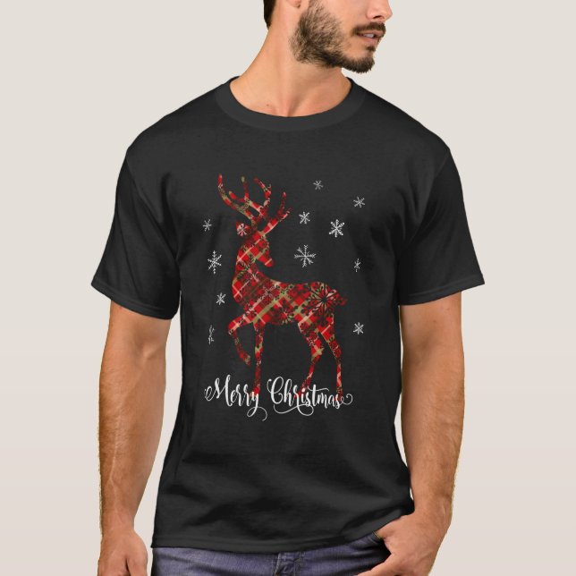 Merry Buffalo Red Plaid Deer Snowflake Reindeer Fo T-Shirt (Front)