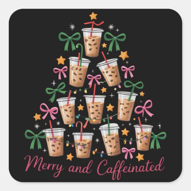 Merry & Caffeinated Xmas Coquette Coffee Latte Square Sticker (Front)