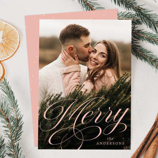 Merry Calligraphy Blush Script Photo Holiday Card (Creator Uploaded)