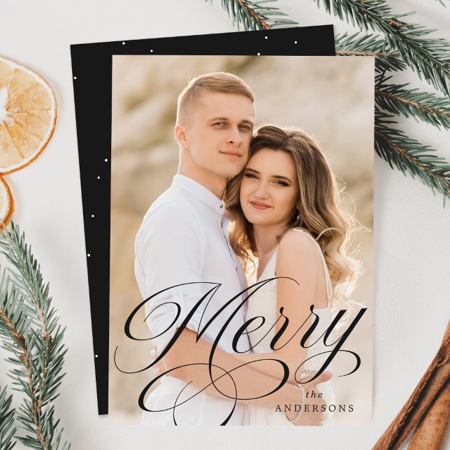 Merry Calligraphy Charcoal Script Overlay Photo Holiday Card (Creator Uploaded)
