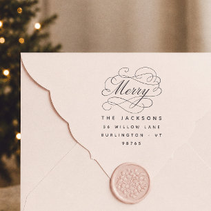 Merry Calligraphy Christmas Family Return Address Rubber Stamp