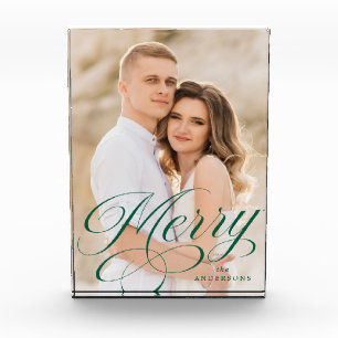 Merry Calligraphy Green Script Holiday Photo Block