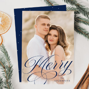 Merry Calligraphy Navy Script Overlay Photo Holiday Card
