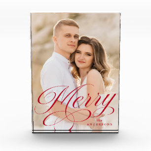 Merry Calligraphy Red Script Holiday Photo Block