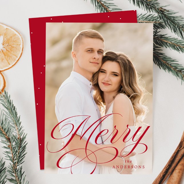 Merry Calligraphy Red Script Overlay Photo Holiday Card (Creator Uploaded)