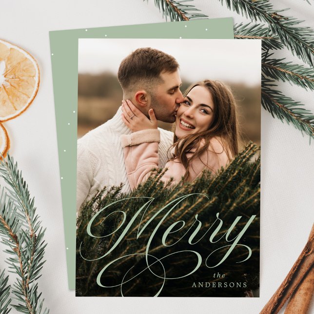 Merry Calligraphy Sage Green Script Photo Holiday Card (Creator Uploaded)