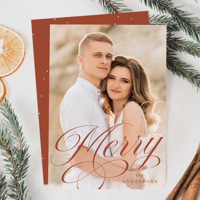 Merry Calligraphy Terracotta Script Overlay Photo Holiday Card (Creator Uploaded)