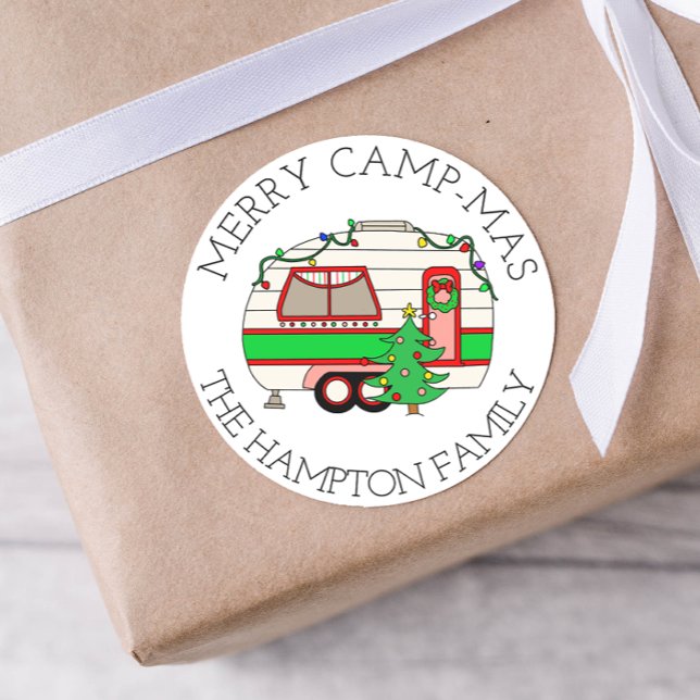 Merry Camp-mas! Funny Camping Pun Christmas Classic Round Sticker (Creator Uploaded)