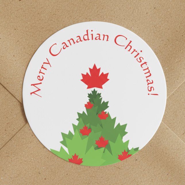 Merry Canadian Flag Maple Leaf Christmas Tree Classic Round Sticker (Creator Uploaded)