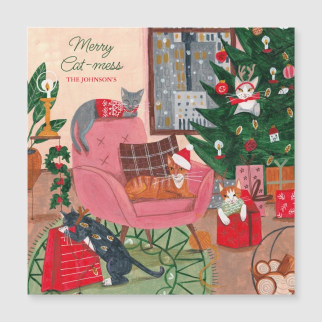 Merry Cat-mess cats Christmas magnetic card (Front)