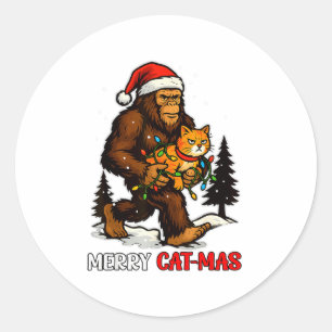 Merry Catmas Bigfoot And Lights Santa Hat Funny Ca Classic Round Sticker
