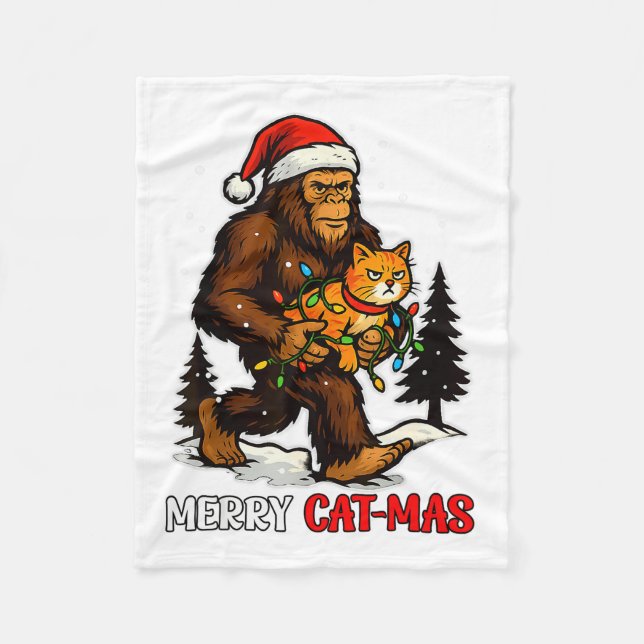 Merry Catmas Bigfoot And Lights Santa Hat Funny Ca Fleece Blanket (Front)