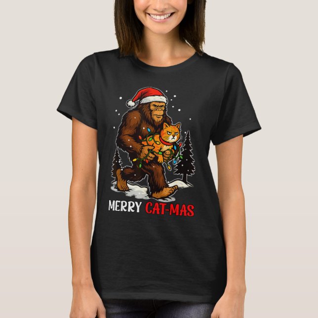 Merry Catmas Bigfoot And Lights Santa Hat Funny Ca T-Shirt (Front)