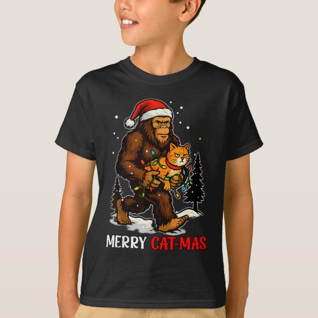 Merry Catmas Bigfoot And Lights Santa Hat Funny Ca T-Shirt (Front)