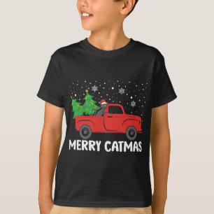 Merry Catmas Black Cat and Christmas Tree Red Truc T-Shirt