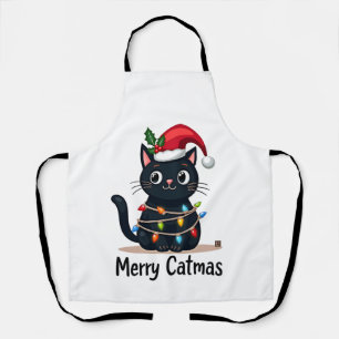 Merry Catmas Black Cat Christmas Light Xmas Family Apron