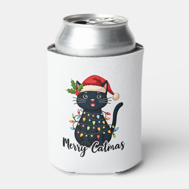 Merry Catmas Black Cat Christmas Light Xmas Family Can Cooler (Can Front)