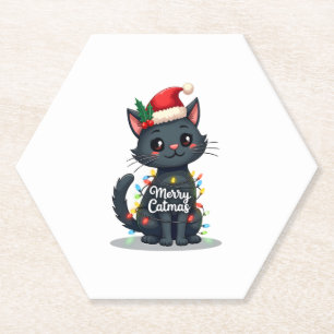Merry Catmas Black Cat Christmas Light Xmas Family Paper Coaster