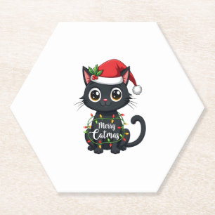 Merry Catmas Black Cat Christmas Light Xmas Family Paper Coaster